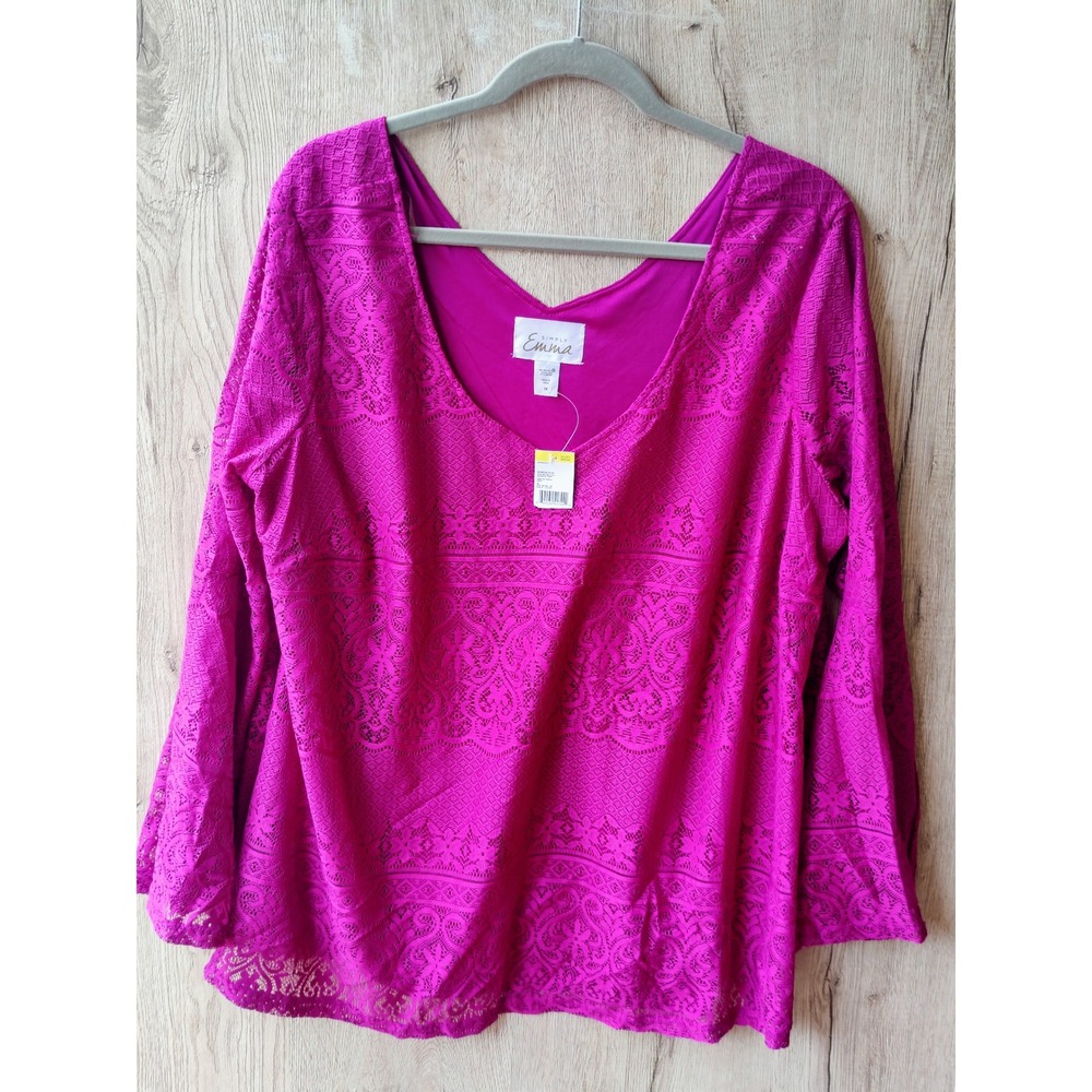 NWT Simply Emma Womens 2XL Magenta Pink Lace V-Neck Long Sleeve Blouse